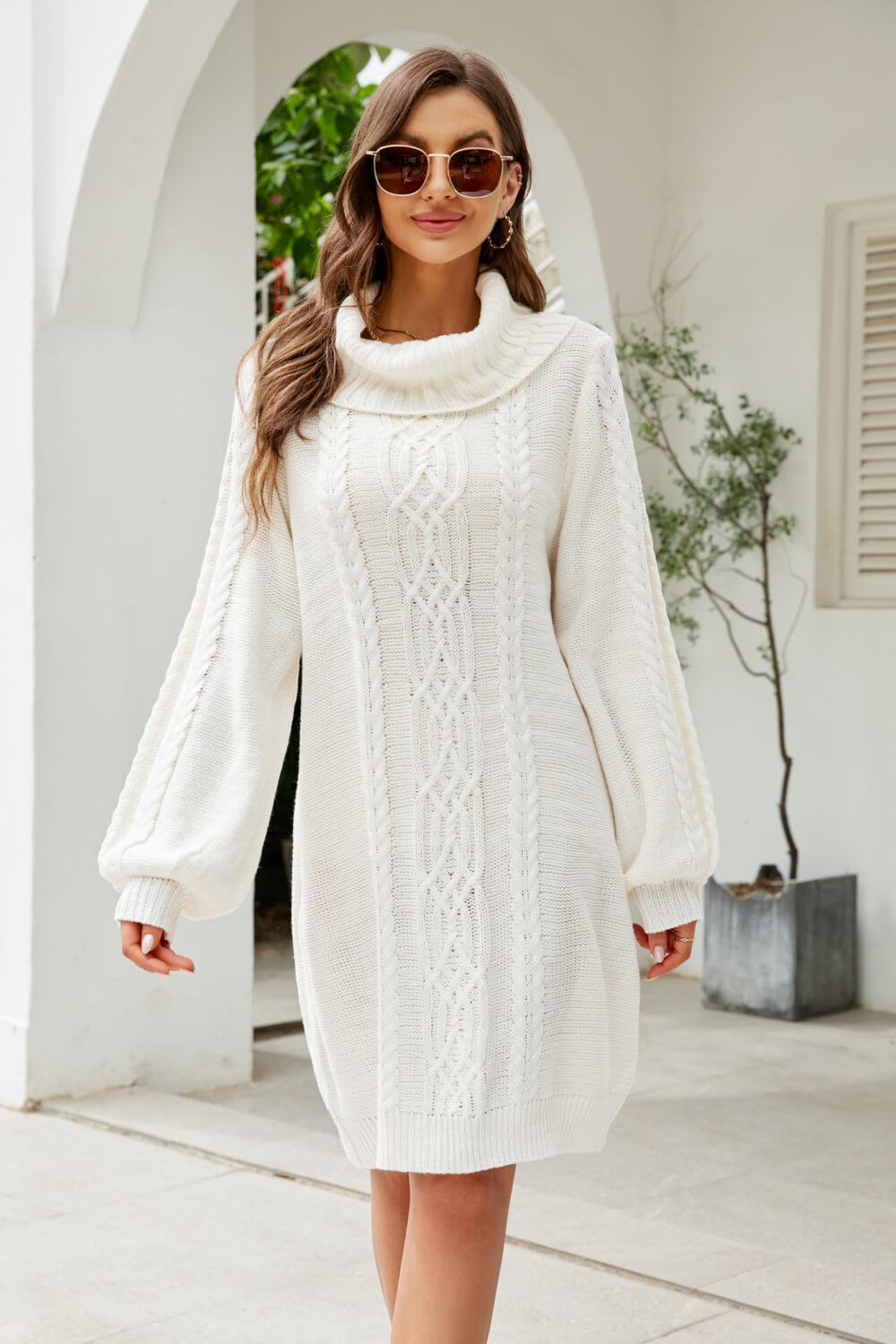 Woven Right Mixed Knit Turtleneck Lantern Sleeve Sweater Dress Trendsi