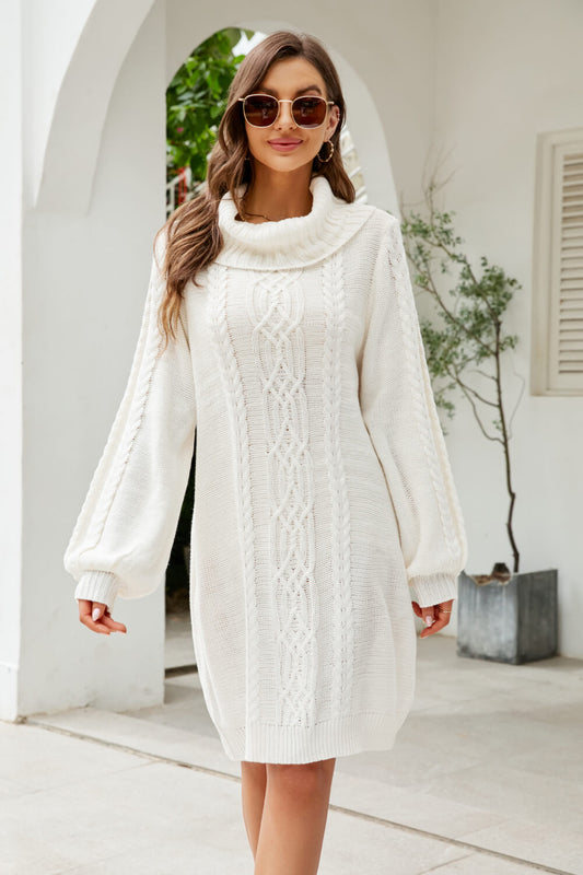 Woven Right Mixed Knit Turtleneck Lantern Sleeve Sweater Dress Trendsi