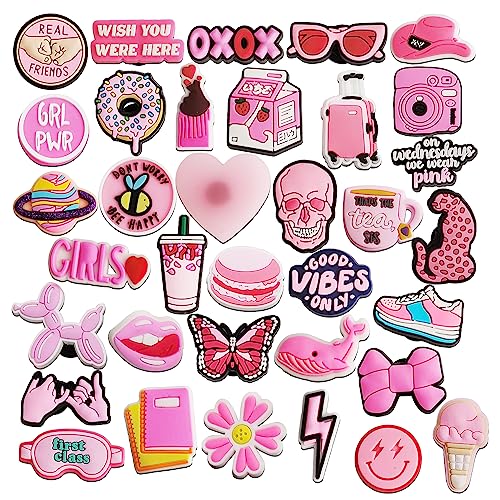 IOKUKI 35 PCS Pink Croc Charms for Girls Women, Aesthetic Shoe Decoration Charms for Crocs Clog Slides Sandals, Pink Party Favors IOKUKI