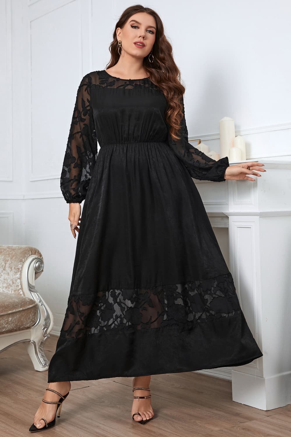 Melo Apparel Plus Size Embroidery Round Neck Long Sleeve Maxi Dress Trendsi