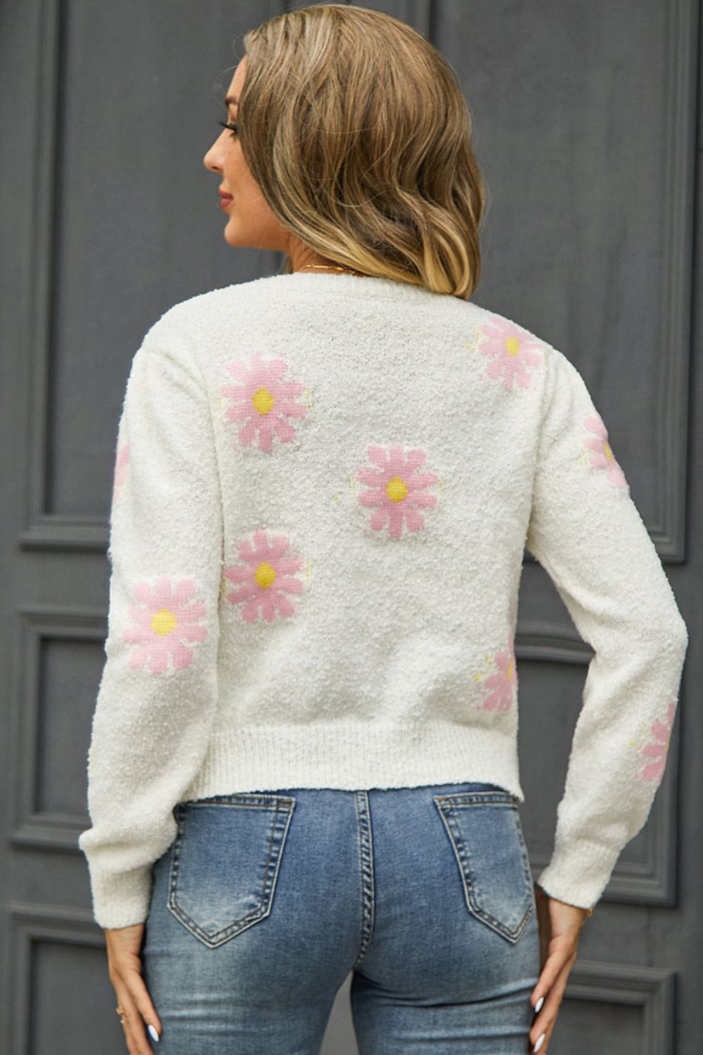 Flower Pattern Round Neck Short Sleeve Pullover Sweater Trendsi