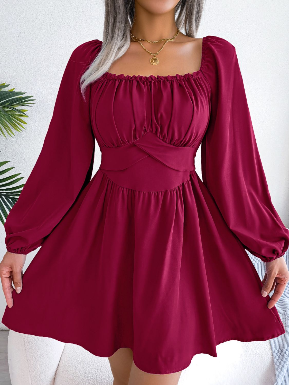 Tied Square Neck Balloon Sleeve Dress Trendsi