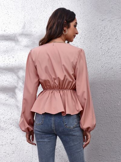 V-Neck Balloon Sleeve Peplum Blouse Trendsi