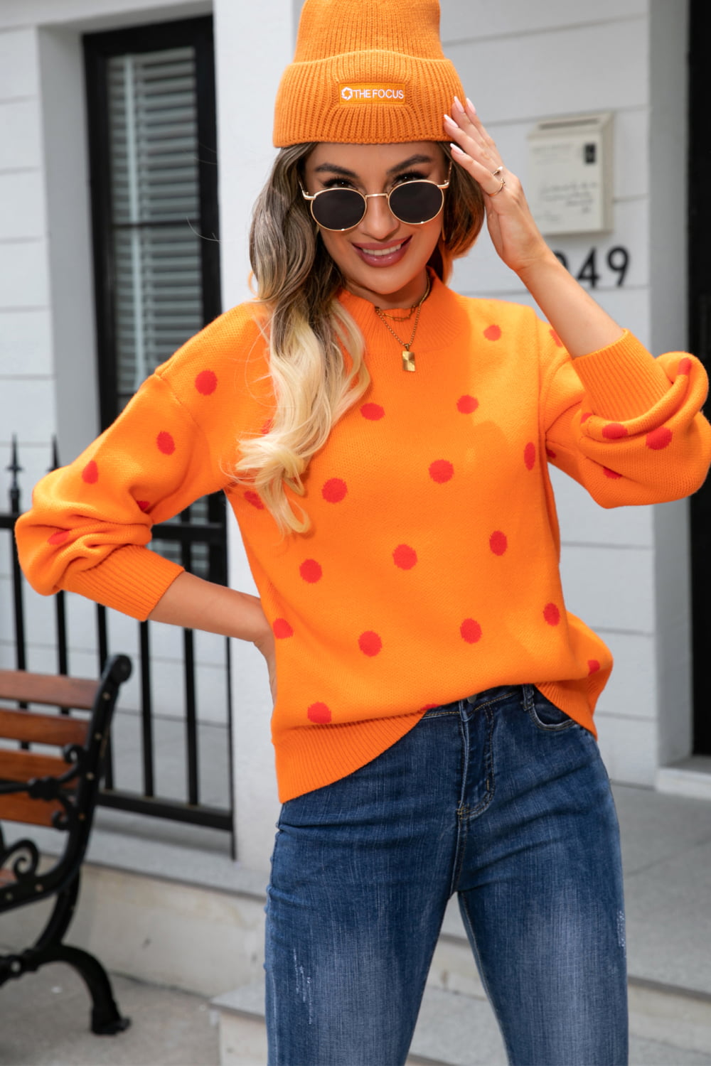 Woven Right Polka Dot Round Neck Dropped Shoulder Sweater Trendsi