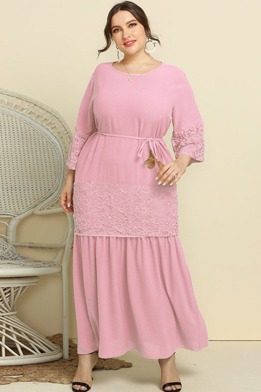 Plus Size Spliced Lace Tassel Belted Dress Trendsi