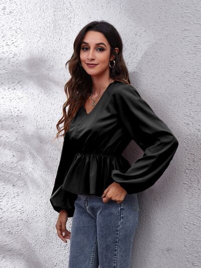 V-Neck Balloon Sleeve Peplum Blouse Trendsi