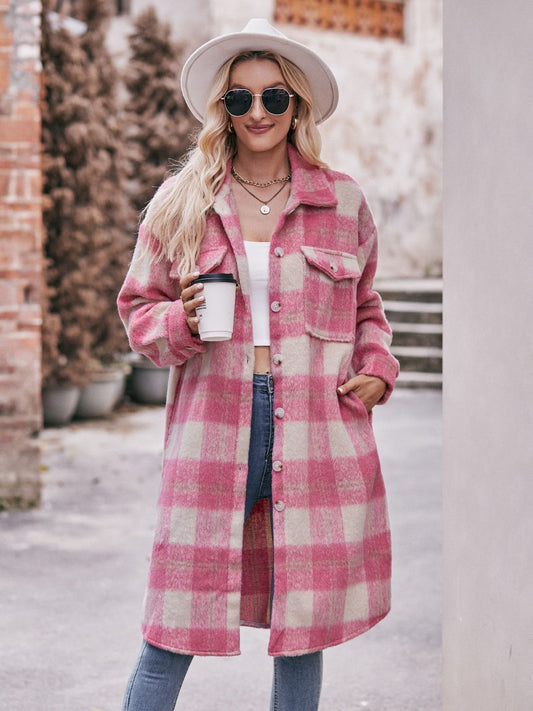 Plaid Dropped Shoulder Slit Coat Trendsi
