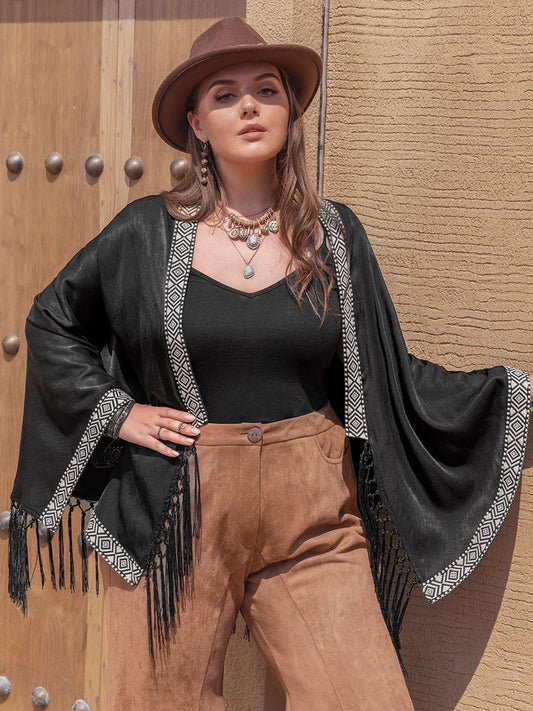 Plus Size Geometric Open Front Fringe Hem Cardigan Trendsi