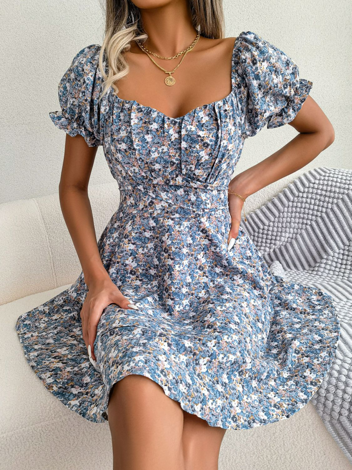 Floral Sweetheart Neck Flounce Sleeve Mini Dress Trendsi