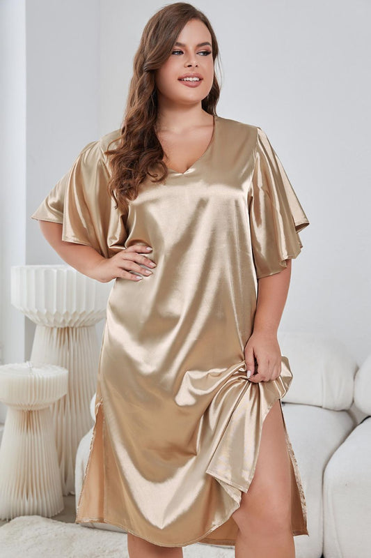 Plus Size Flutter Sleeve V-Neck Side Slit Night Gown Trendsi