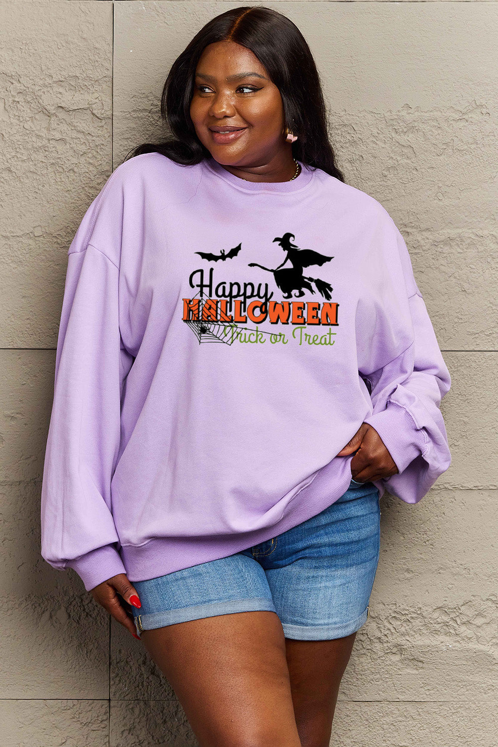 Simply Love Full Size HAPPY HALLOWEEN TRICK OR TREAT Graphic Sweatshirt Trendsi