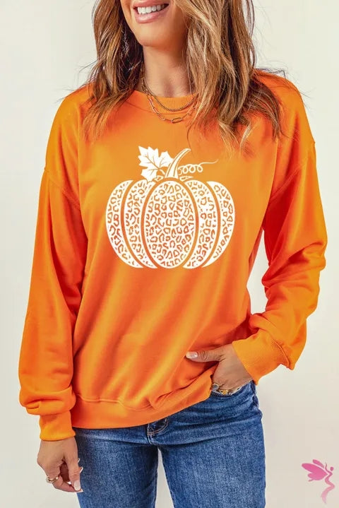 Round Neck Dropped Shoulder Pumpkin Graphic Sweatshirt Trendsi