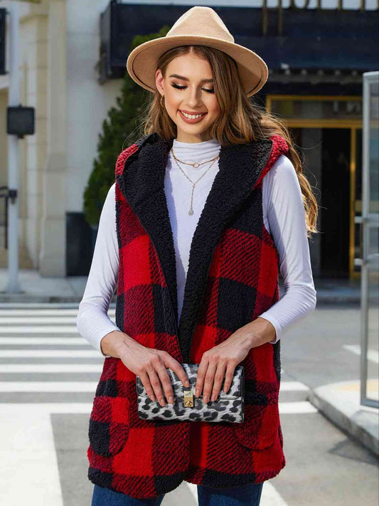 Plaid Hooded Vest Trendsi