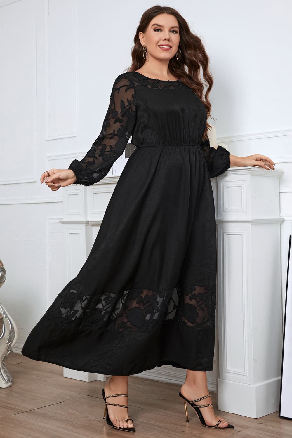 Melo Apparel Plus Size Embroidery Round Neck Long Sleeve Maxi Dress Trendsi