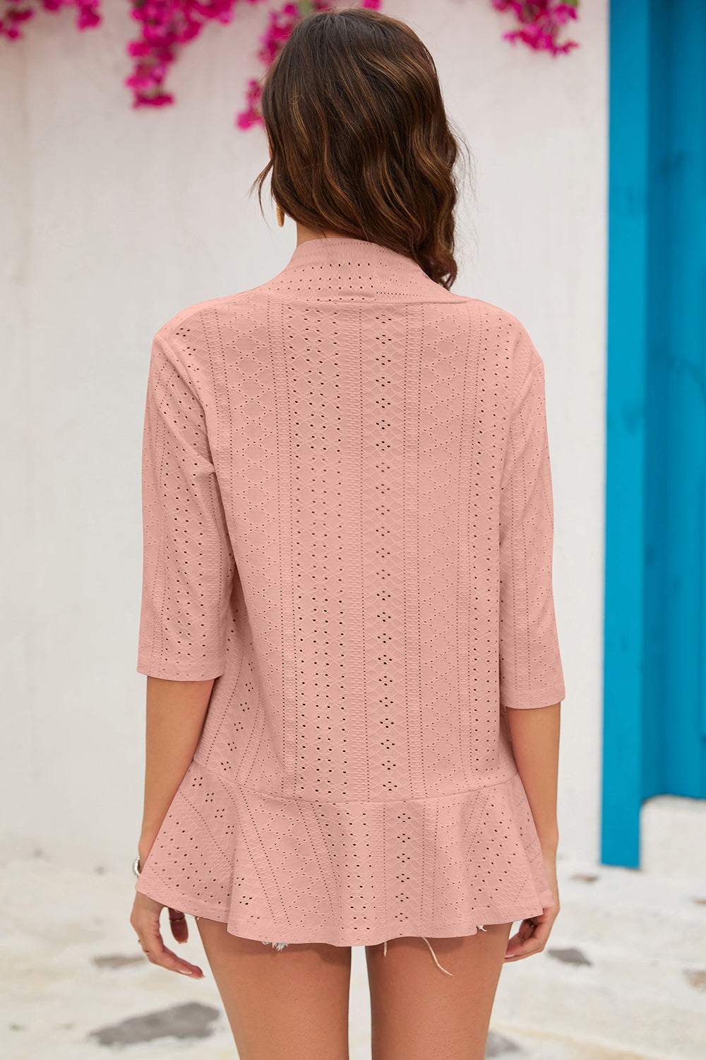 Eyelet Open Front Cardigan Trendsi