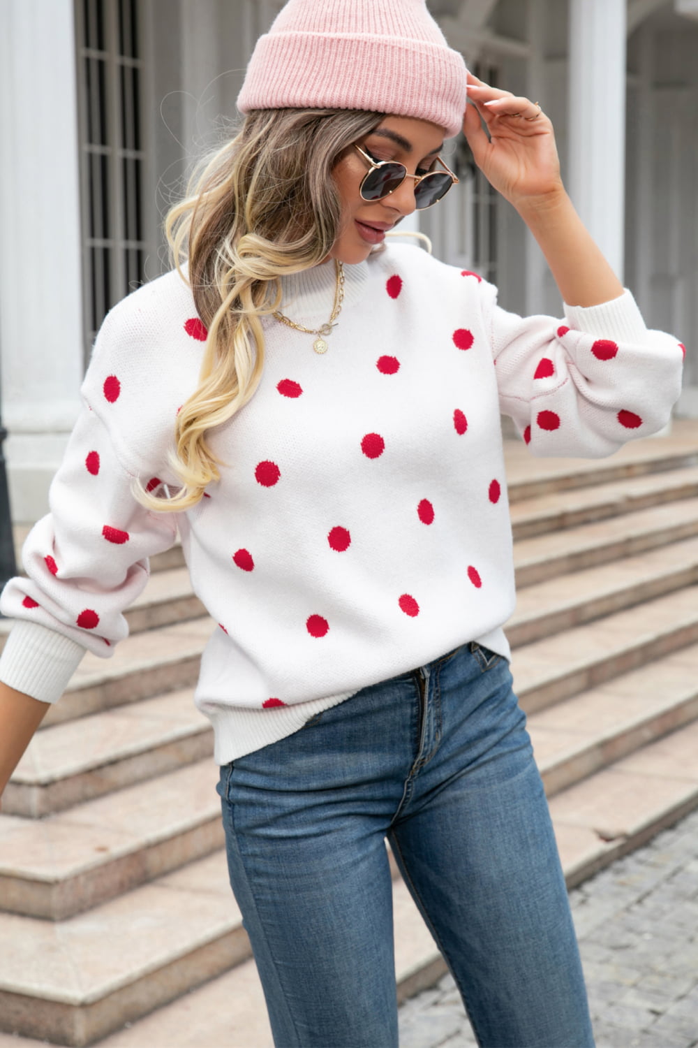 Woven Right Polka Dot Round Neck Dropped Shoulder Sweater Trendsi