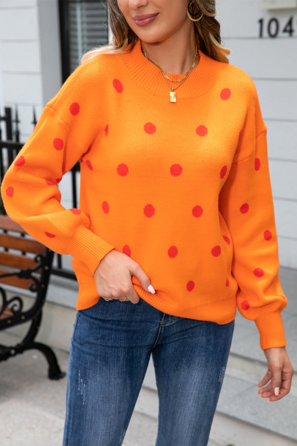 Woven Right Polka Dot Round Neck Dropped Shoulder Sweater Trendsi