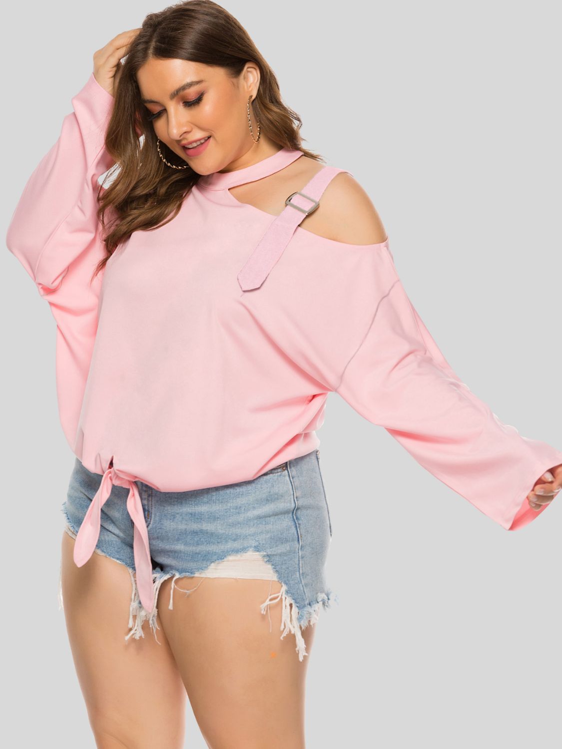 Plus Size Cold-Shoulder Tied Top Trendsi