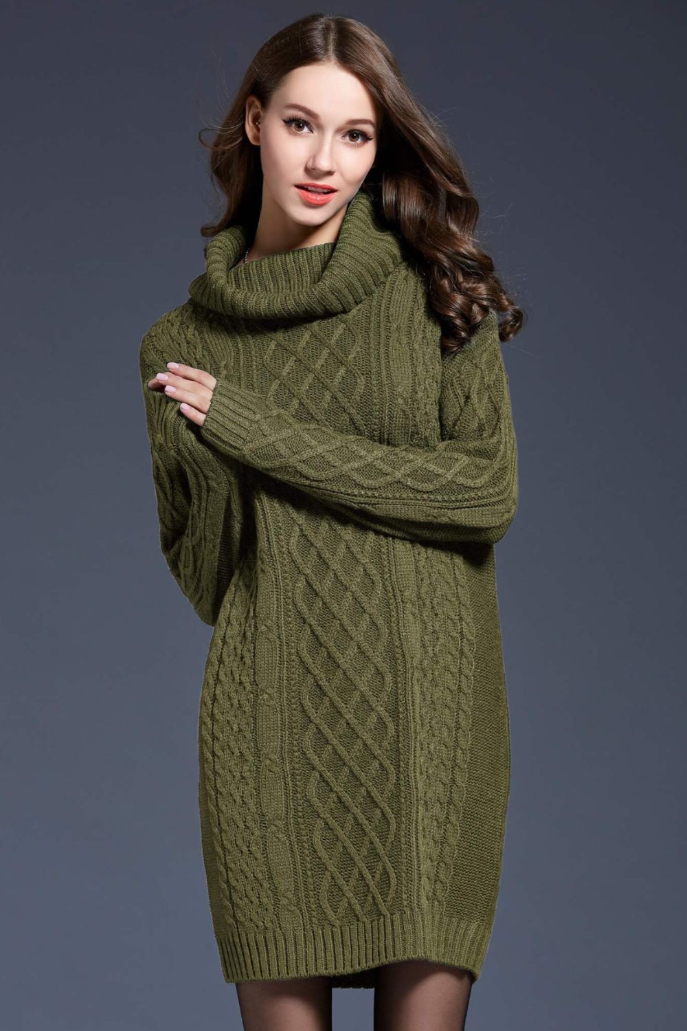 Woven Right Full Size Mixed Knit Cowl Neck Dropped Shoulder Sweater Dress Trendsi