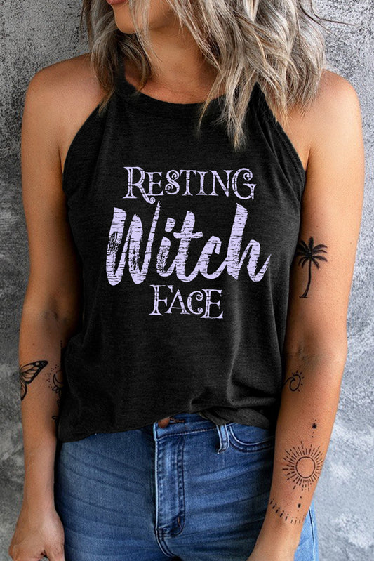 Round Neck RESTING WITCH FACE Graphic Tank Top Trendsi