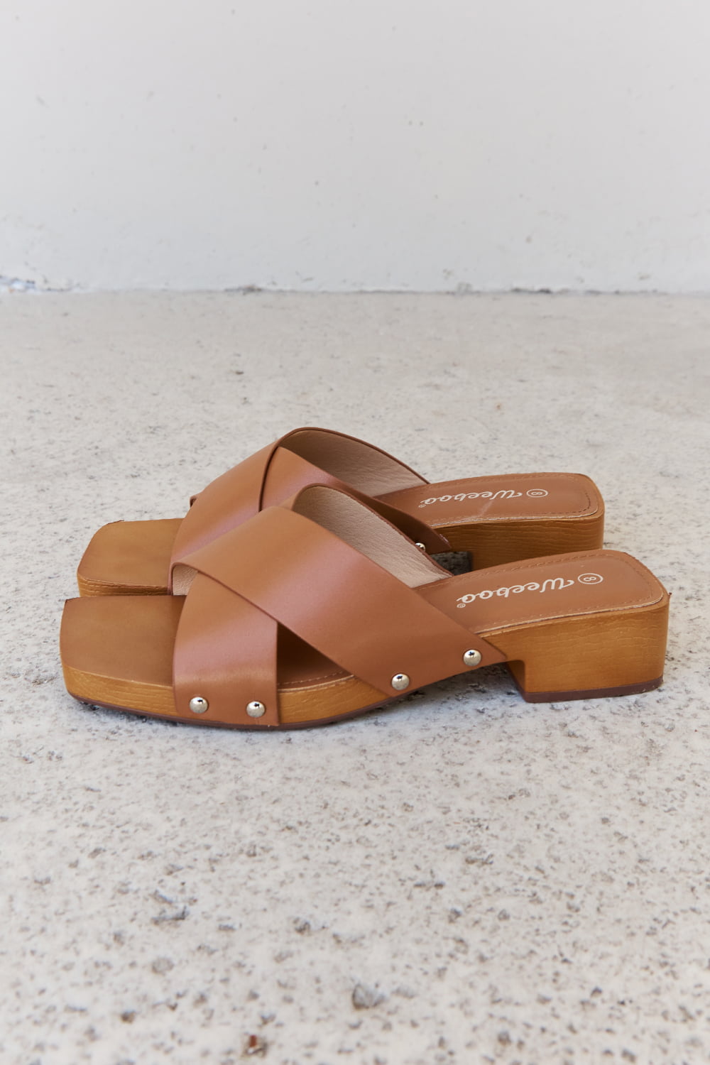 Weeboo Step Into Summer Criss Cross Wooden Clog Mule in Brown Trendsi