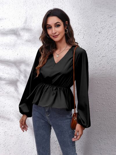 V-Neck Balloon Sleeve Peplum Blouse Trendsi