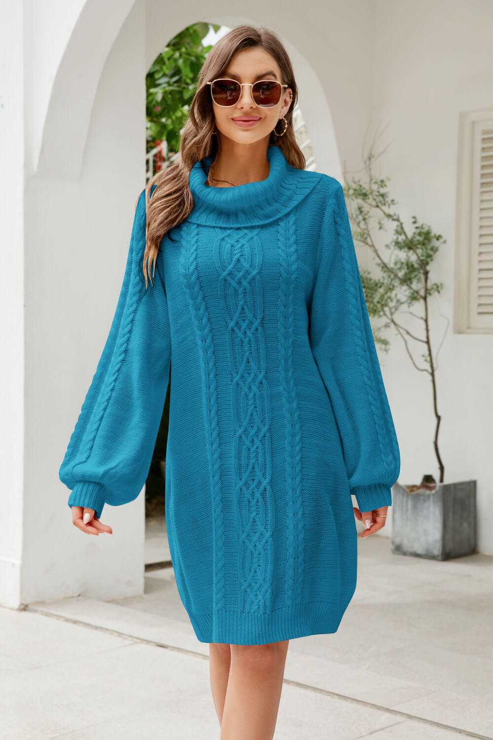 Woven Right Mixed Knit Turtleneck Lantern Sleeve Sweater Dress Trendsi