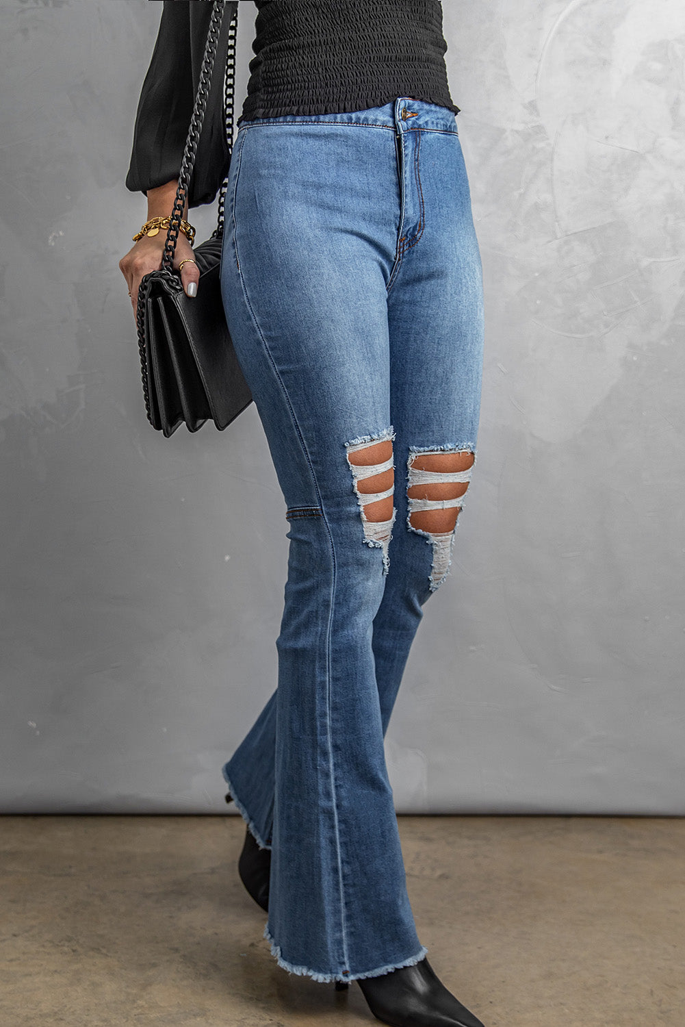 Baeful Distressed Raw Hem High-Waist Flare Jeans Trendsi