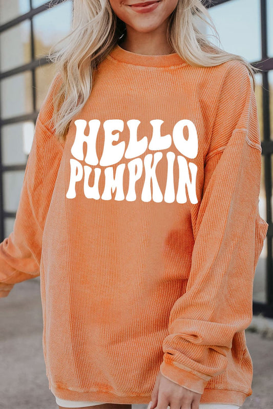 Round Neck Dropped Shoulder HELLO PUMPKIN Graphic Sweatshirt Trendsi