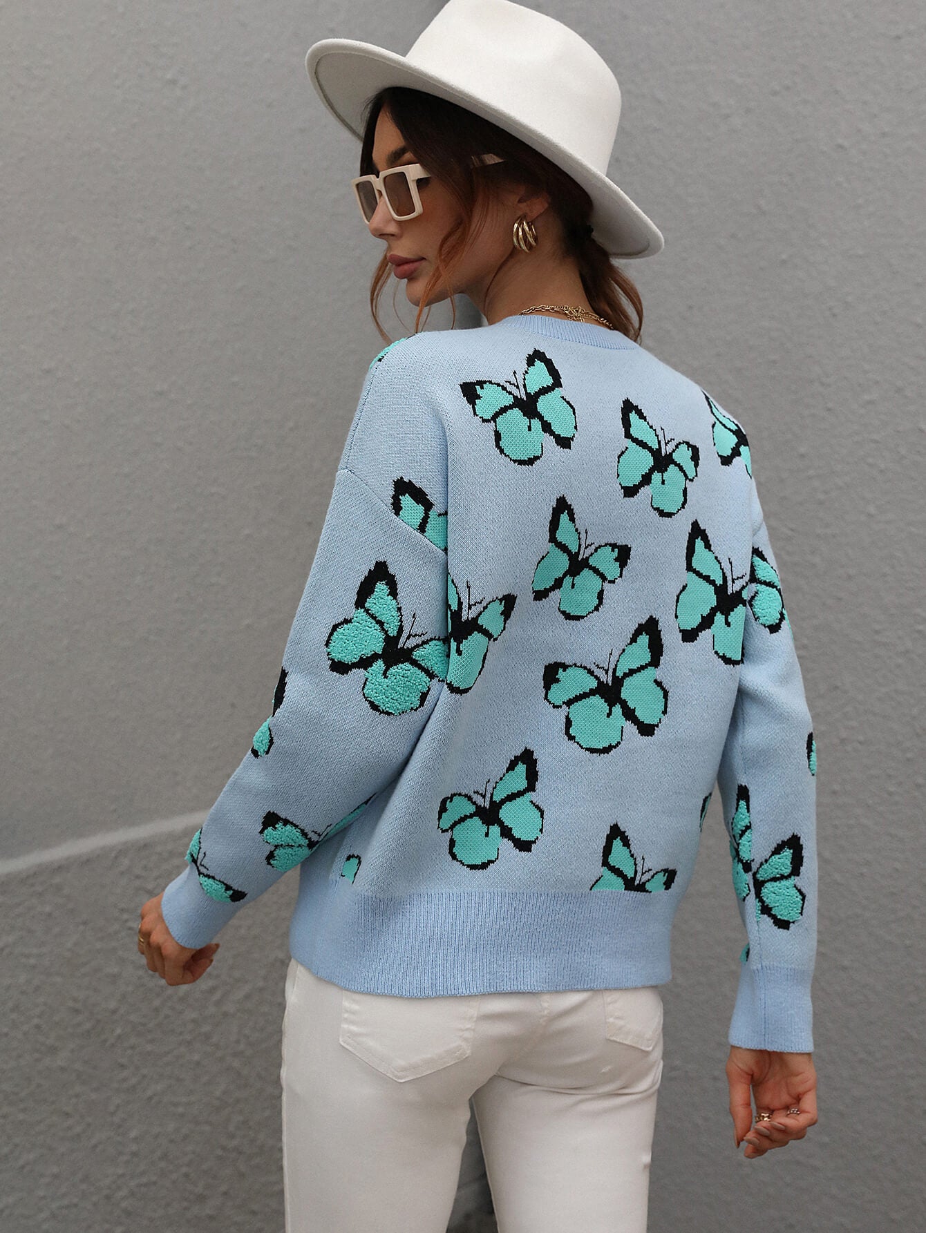 Woven Right Butterfly Dropped Shoulder Crewneck Sweater Trendsi