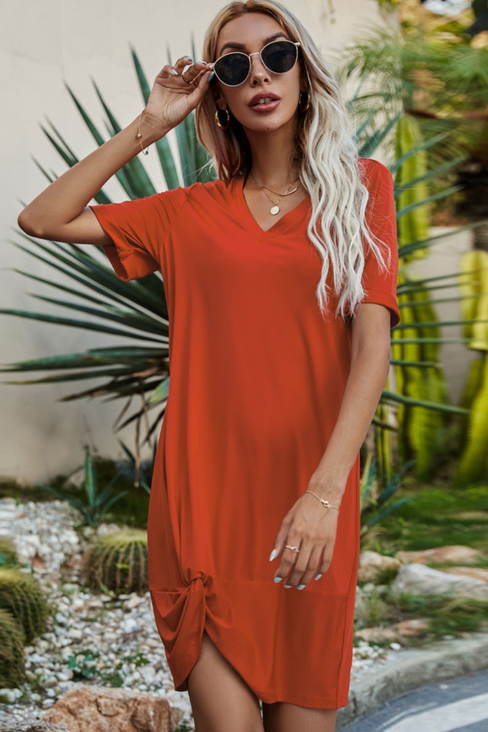 Twisted V-Neck Short Sleeve Dress Trendsi