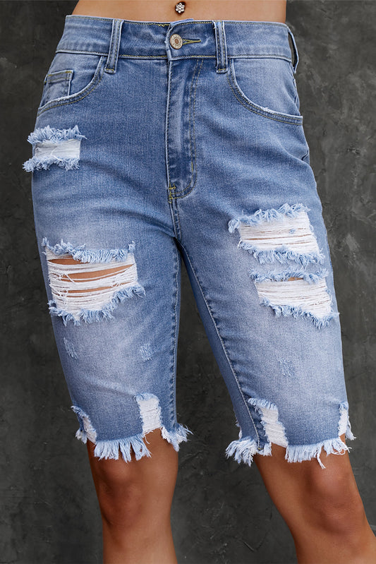 Distressed Frayed Hem Denim Bermuda Shorts Trendsi