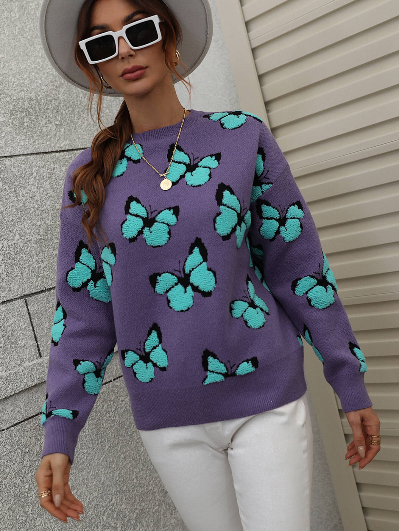 Woven Right Butterfly Dropped Shoulder Crewneck Sweater Trendsi