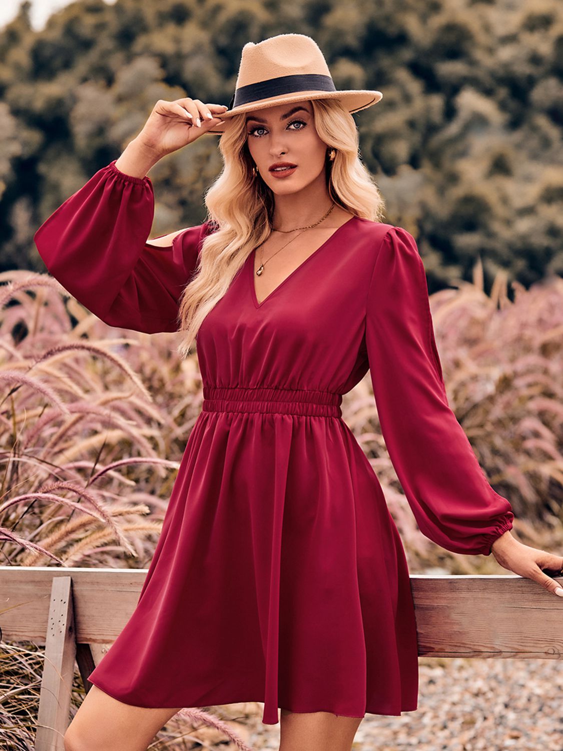 V-Neck Split Sleeve Mini Dress Trendsi