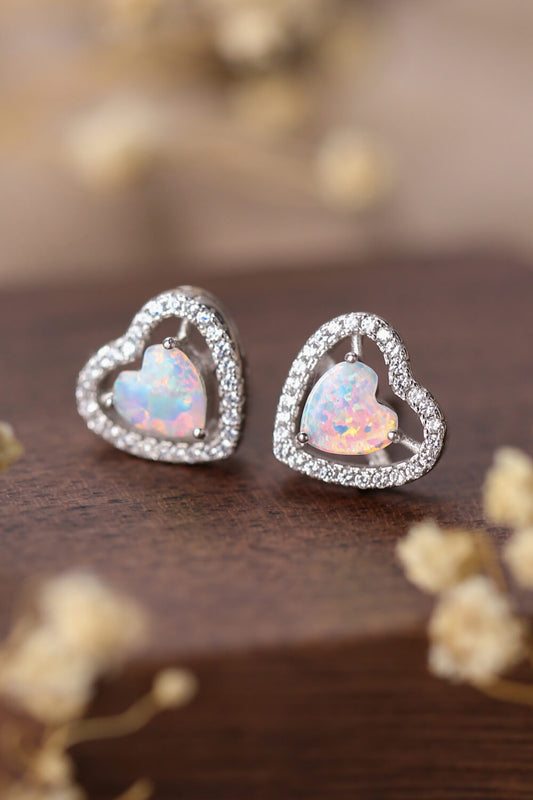 925 Sterling Silver Opal Heart Stud Earrings Trendsi