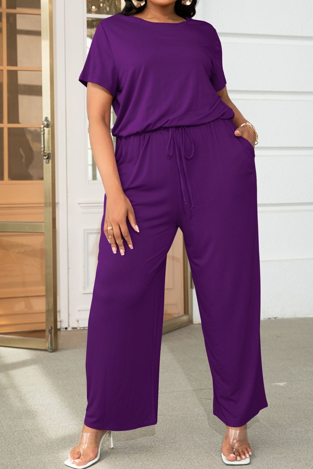 Plus Size Drawstring Waist Short Sleeve Jumpsuit Trendsi