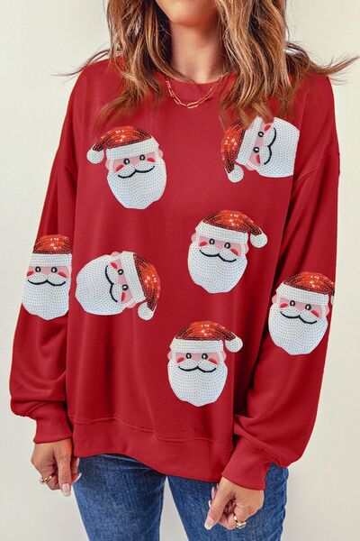 Sequin Santa Patch Round Neck Sweatshirt Trendsi