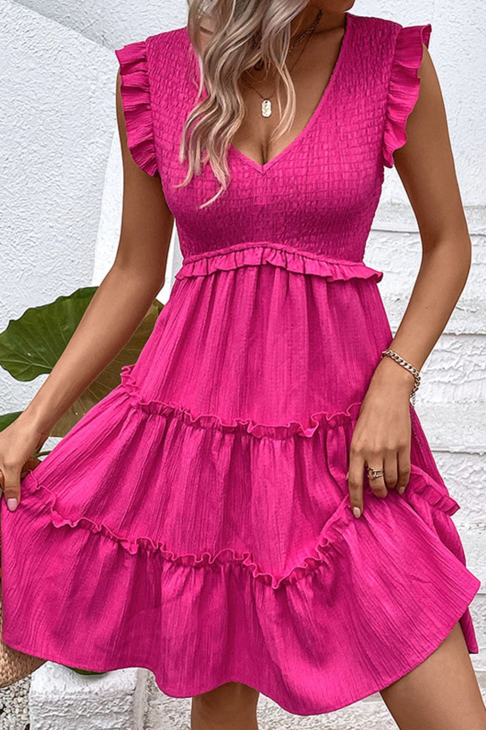 Smocked Frill Trim Deep V Dress Trendsi
