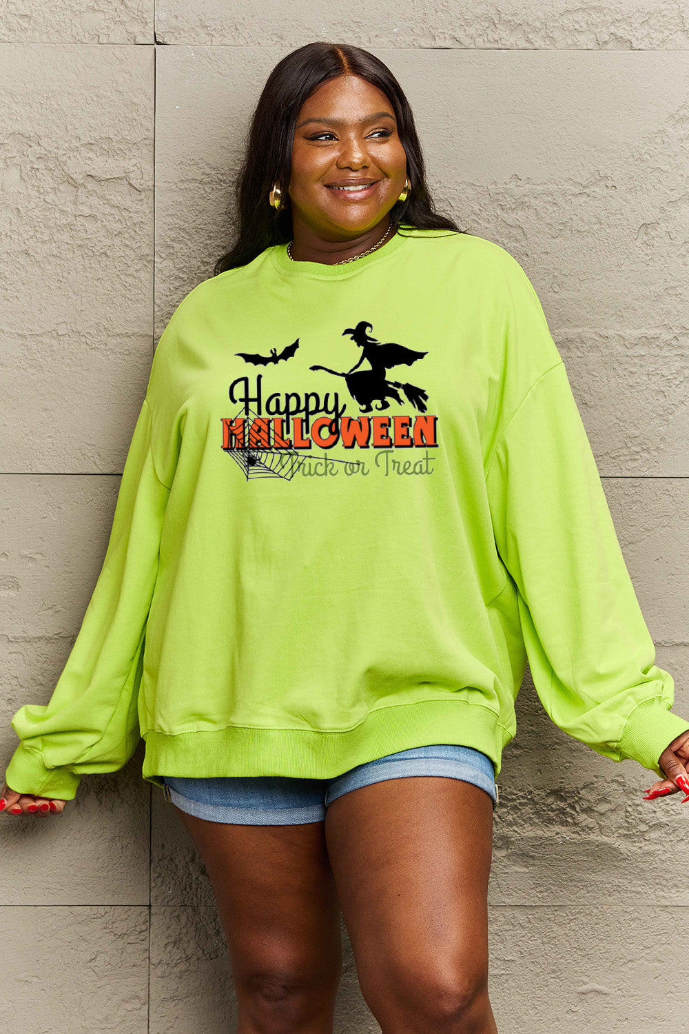 Simply Love Full Size HAPPY HALLOWEEN TRICK OR TREAT Graphic Sweatshirt Trendsi
