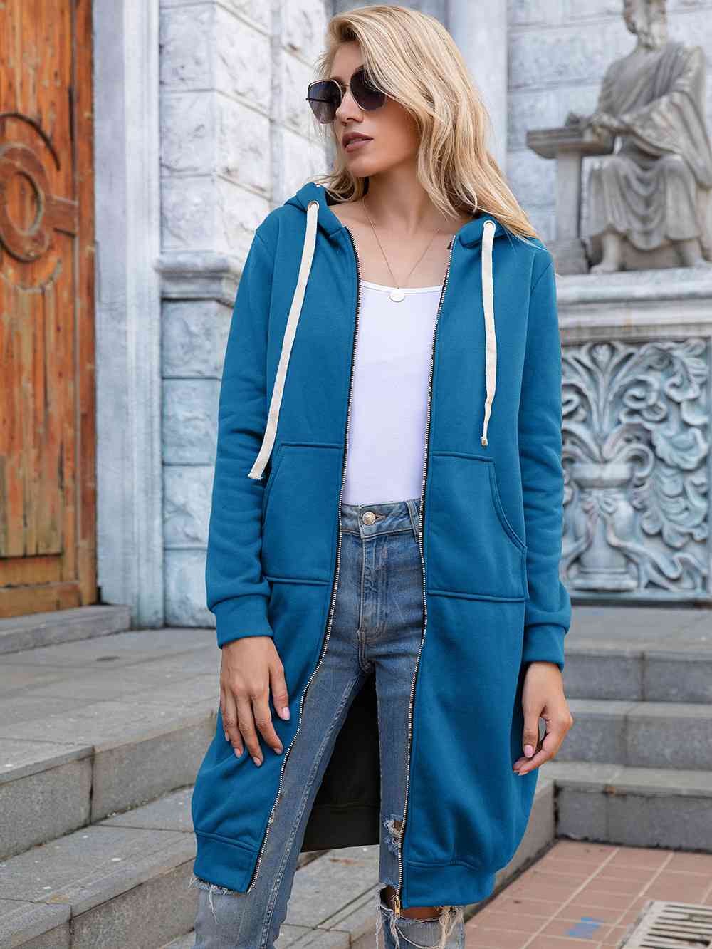 Full Size Zip-Up Longline Hoodie with Pockets Trendsi