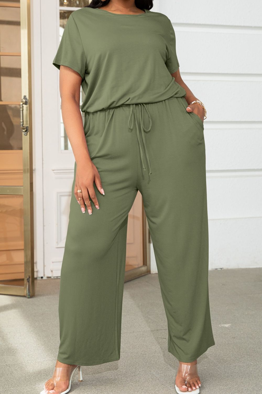 Plus Size Drawstring Waist Short Sleeve Jumpsuit Trendsi