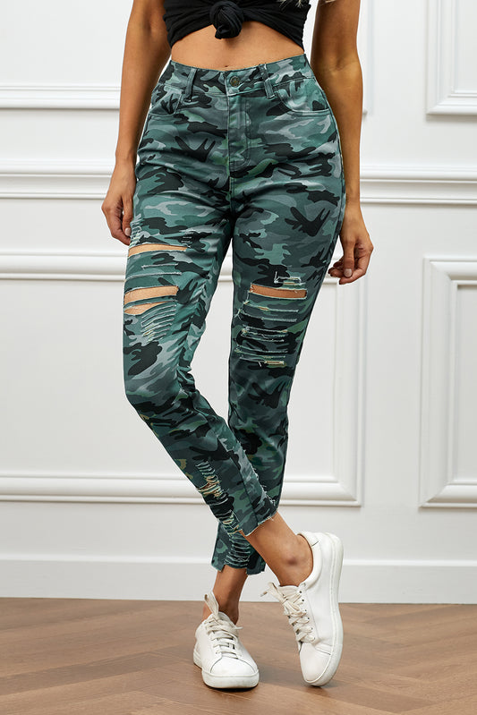 Baeful Distressed Camouflage Jeans Trendsi