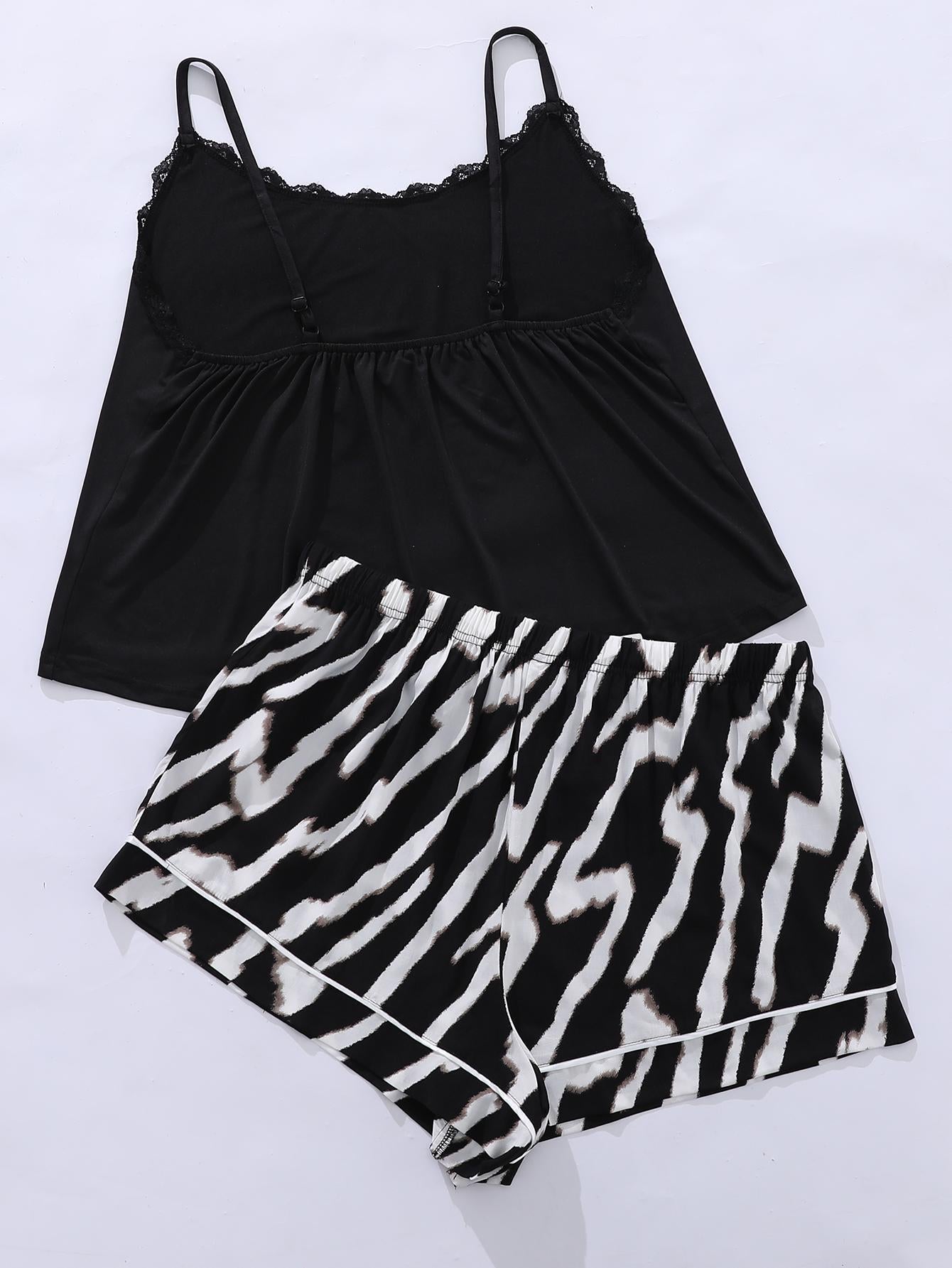 Plus Size Lace Trim Scoop Neck Cami and Printed Shorts Pajama Set Trendsi