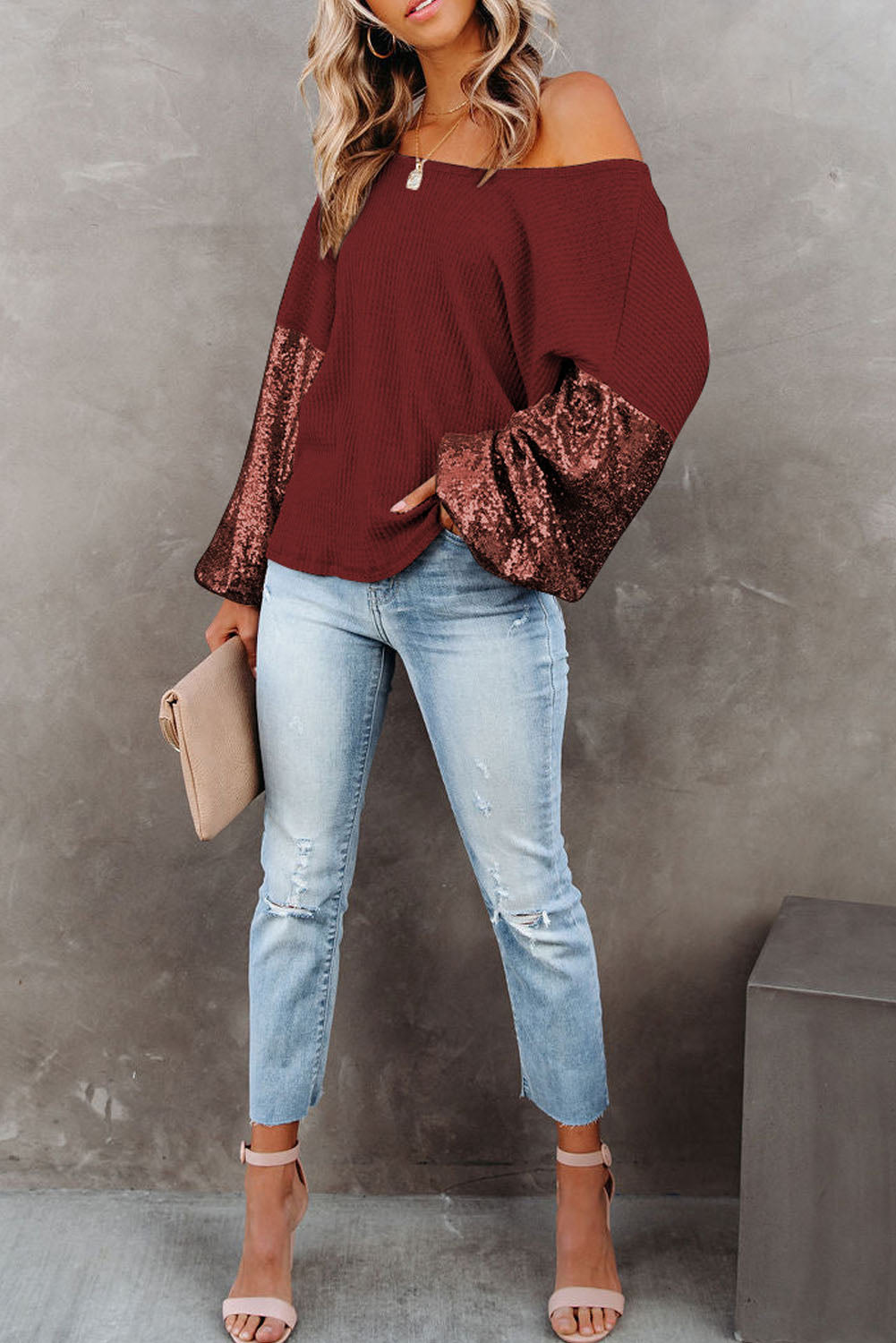 Sequin Waffle-Knit Blouse Trendsi