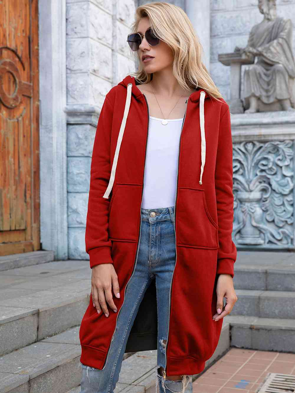 Full Size Zip-Up Longline Hoodie with Pockets Trendsi