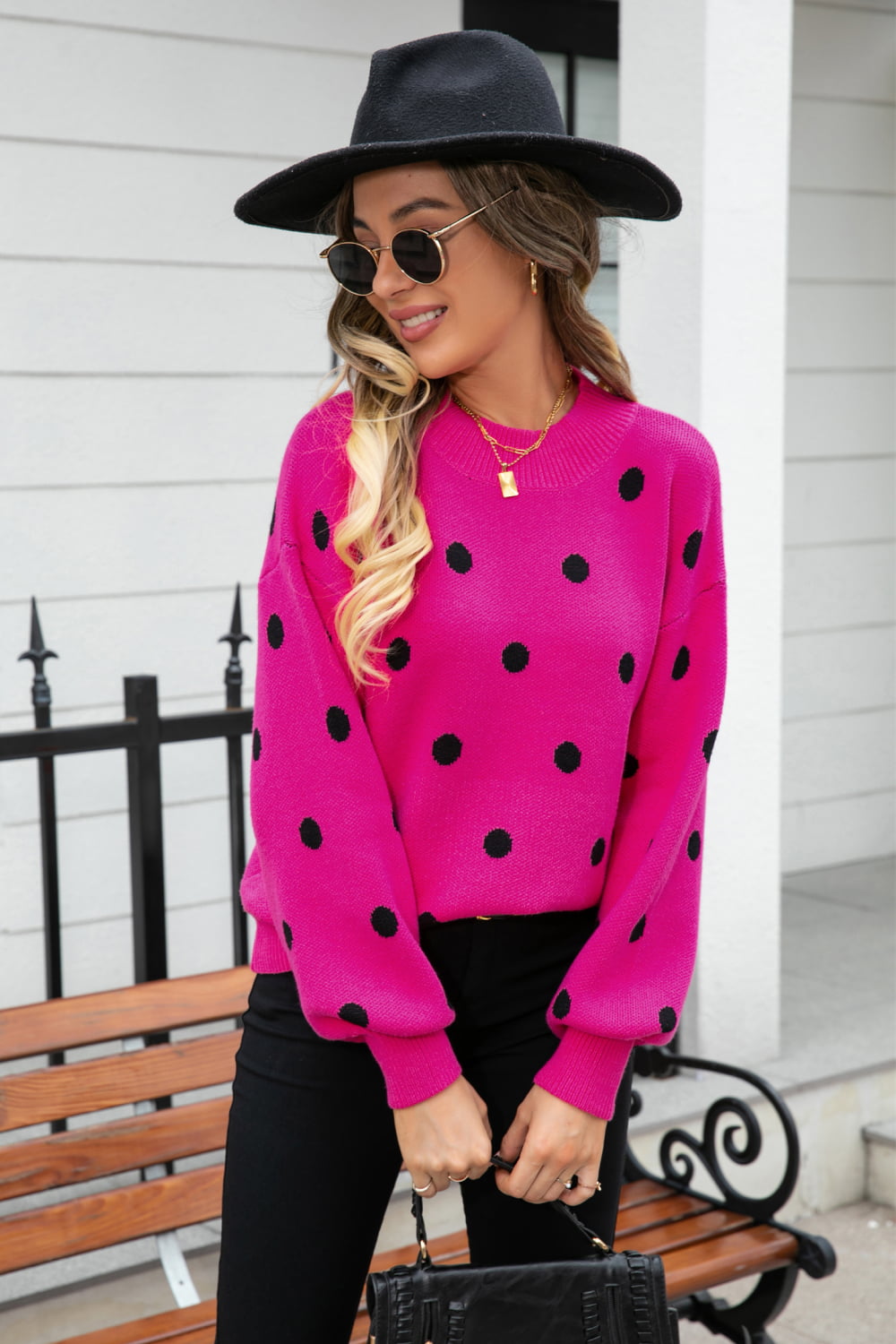 Woven Right Polka Dot Round Neck Dropped Shoulder Sweater Trendsi