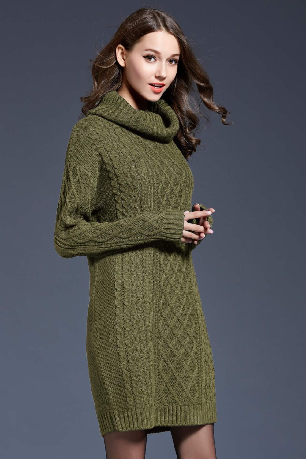 Woven Right Full Size Mixed Knit Cowl Neck Dropped Shoulder Sweater Dress Trendsi