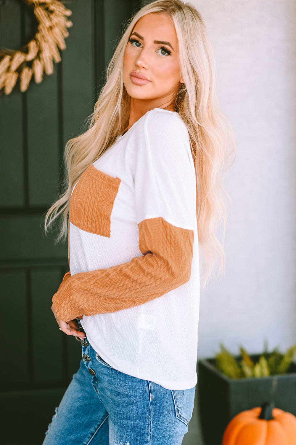 Full Size Color Block Cable-Knit Sweater Trendsi
