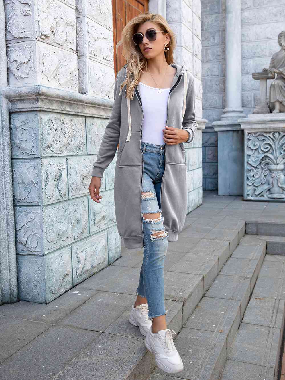 Full Size Zip-Up Longline Hoodie with Pockets Trendsi