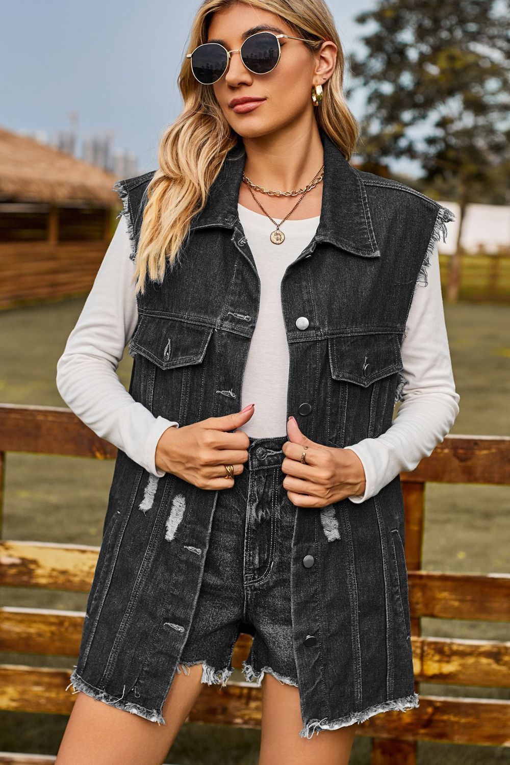 Sleeveless Button-Up Collared Denim Top with Pockets Trendsi